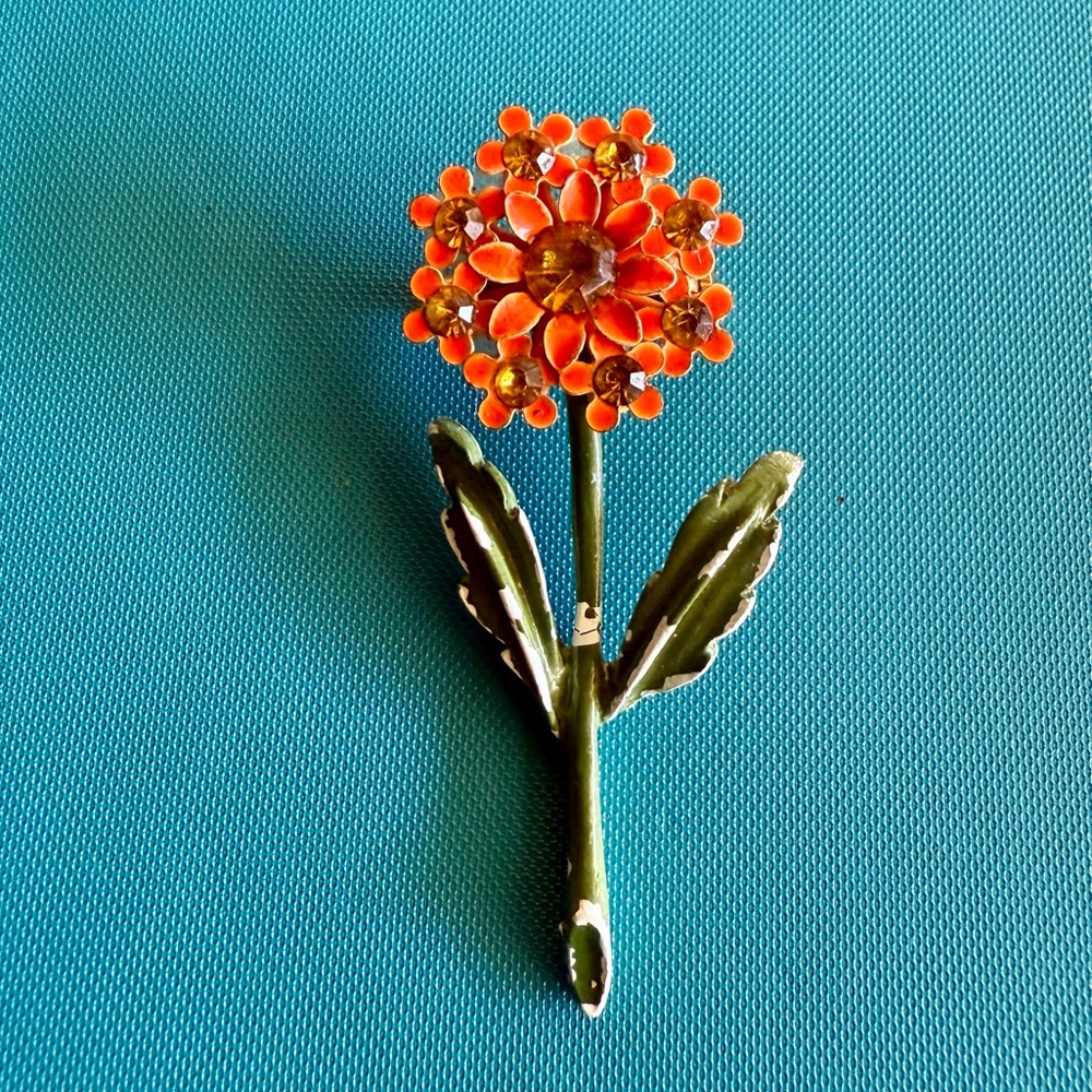 Vintage Enameled Orange Flower Brooch Pin